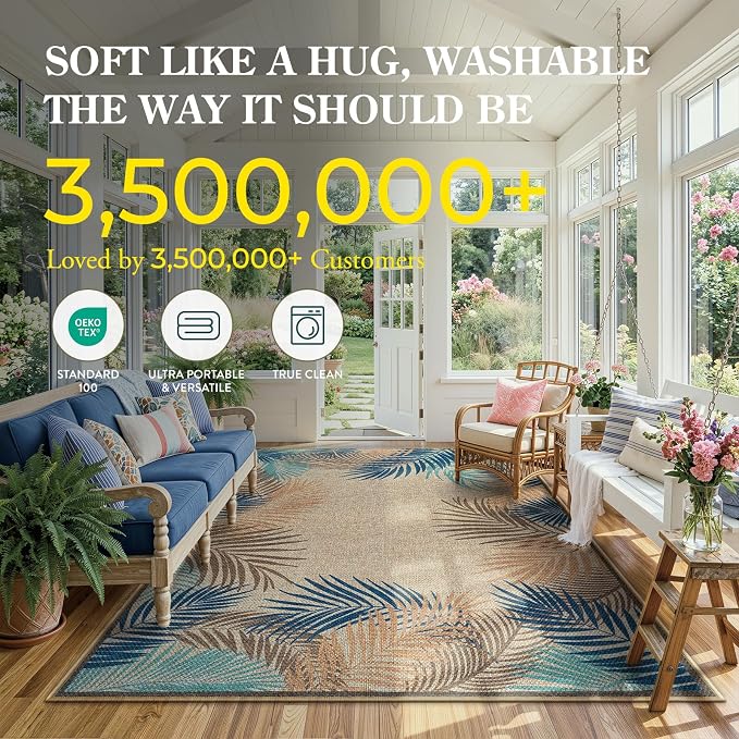 LIVEBOX Modern Easy Jute Outdoor Rug 8x10, Washable Rugs for Living Room Indoor Outdoor Non Slip Large Patio Tropical Leaf Farmhouse Area Rugs, Carpet for Backyard Office Decor(Olive 8'x10')
