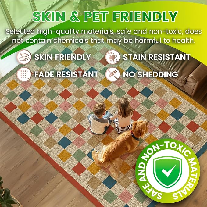 Washable Checkered Easy Jute Rug, 8x10 Colorful Rainbow Checkerboard Boho Outdoor Indoor Patio Large Rugs, Low Pile Lightweight Non Slip Carpet Mat for Living Dining Room Bedroom Classroom Backyard