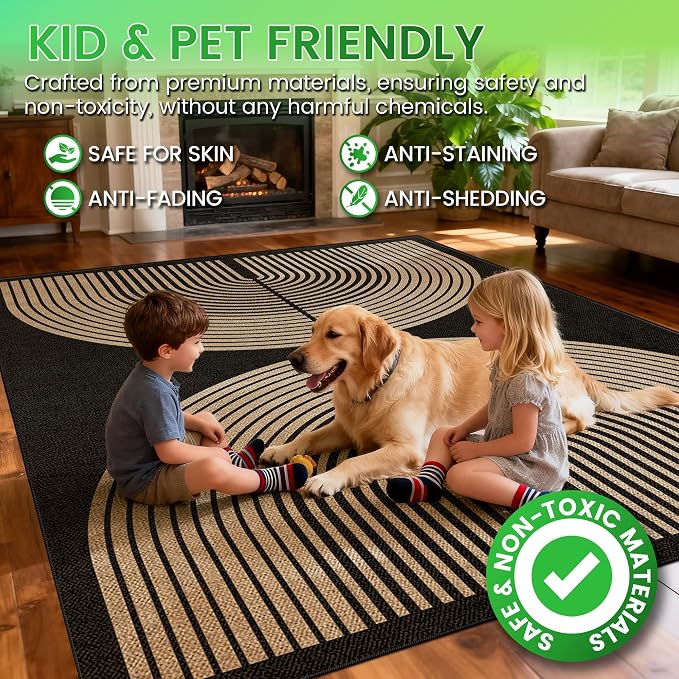 Washable Rainbow Easy Jute Rug 5x7, Black Neutral Geometric Modern Outdoor Indoor Patio Farmhouse Large Rugs, Woven Non Slip Thin Carpet for Living Dining Room Bedroom Classroom Kids Nursery