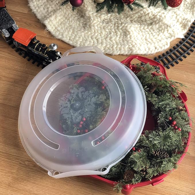 HOMZ Set of 3 Holiday Wreath Plastic Storage Containers, Holds Up to 24” Diameter, Secure Latching Lid and Easy Grip Handle, Stackable and Nestable, Red/Clear | Stackable Seasonal Decoration Organizer Bins with Lids and Handles for Christmas Wreaths an...