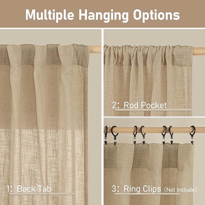LAMIT Brown Linen Curtains 84 inch Length 2 Panels, Light Filtering Semi Sheer Panels Back Tab and Rod Pocket Boho Neutral Drapes for Bedroom/Living Room, 34 x 84 Inch