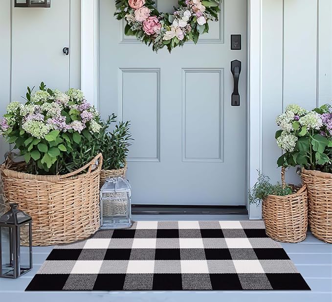 Buffalo Plaid Door Mats Outdoor 24''X35'' Black and White Layered Doormat Cotton Woven Washable Halloween Porch Mat for Welcome Door Mat Entryway Bedroom Living Room
