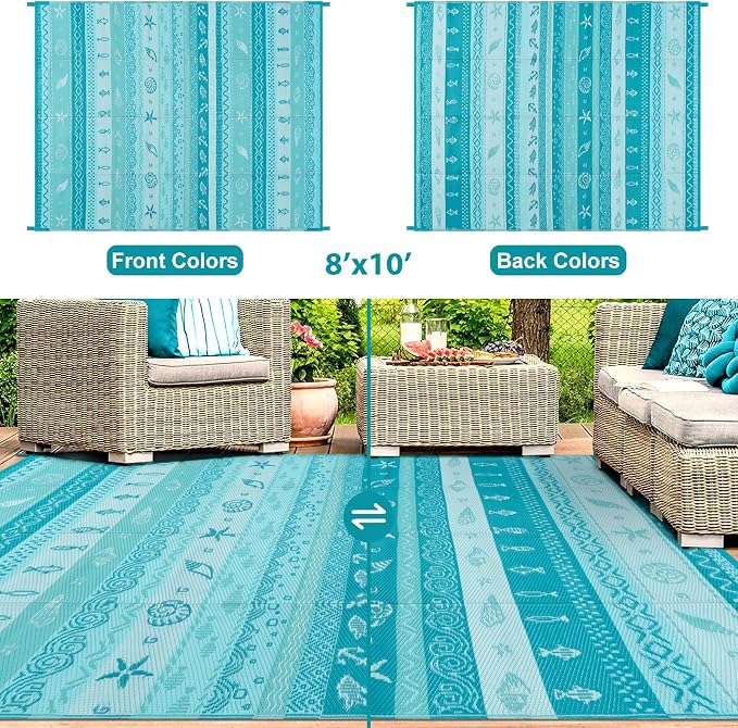 Lahome Outdoor Rug 8x10 Patio Waterproof, Reversible Outdoor Plastic Straw Rug for Camping, RV Patio Rugs Outside Large Carpet for Porch Deck Backyard Picnic(Blue/Multi,8'x 10')