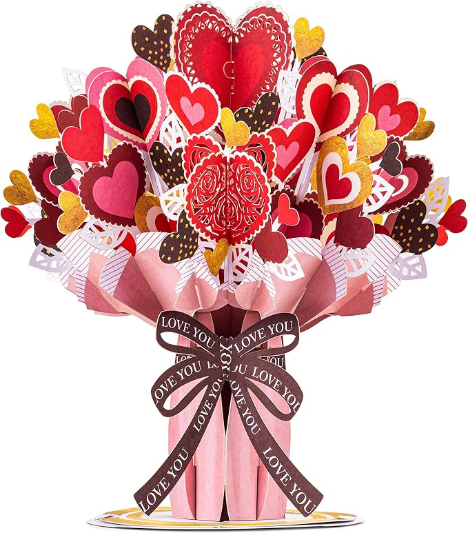 Paper Love HugePop Flower Bouquet Pop Up Cards 2 Pack - Includes 1 Heart Bouquet and 1 Exotica Flower Bouquet, Gift For Mothers Day, Birthday, Valentines Day, All Occasions - Jumbo 10" x 14" Card