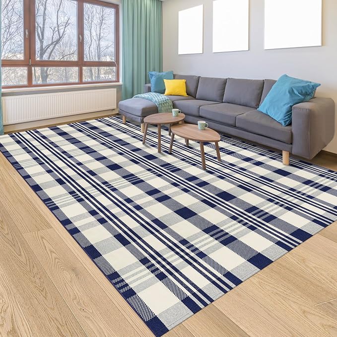 Buffalo Plaid Rug 6x9 Cotton Woven Rug Navy and Off White Checkered Buffalo Check Carpet Home Decor Washable Indoor Outdoor Area Rug for Living Room Bedroom Dining Patio Farmhouse