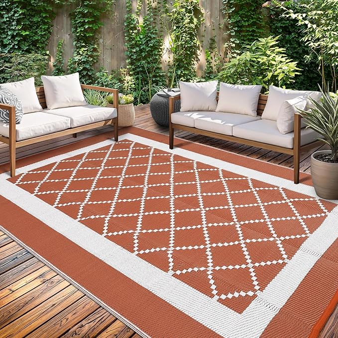 Outdoor Rug 10x14ft Waterproof Reversible Modern Orange & White Plastic Straw Patio Mat Lightweight Easy Clean Fade-Resistant Garden Carpet for Deck Camping RV Beach Porch