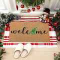 Moucuny 2 Pcs Christmas Doormat Outdoor Christmas Tree Welcome Coir Mat, Red White Plaid Outdoor Rug Non Slip Mats for Entrance Front Porch Decor, 24'' x 35'', 16'' x 28''