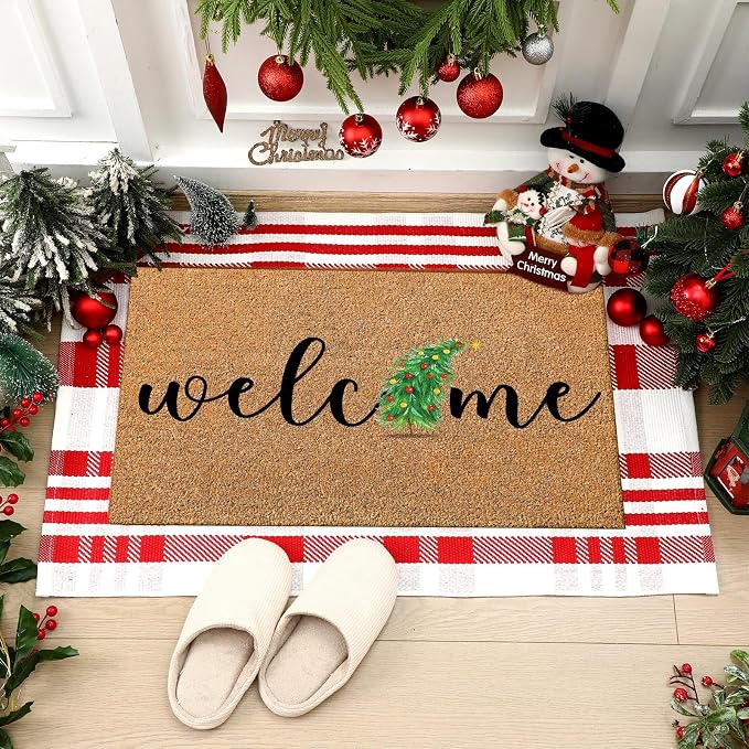 Moucuny 2 Pcs Christmas Doormat Outdoor Christmas Tree Welcome Coir Mat, Red White Plaid Outdoor Rug Non Slip Mats for Entrance Front Porch Decor, 24'' x 35'', 16'' x 28''