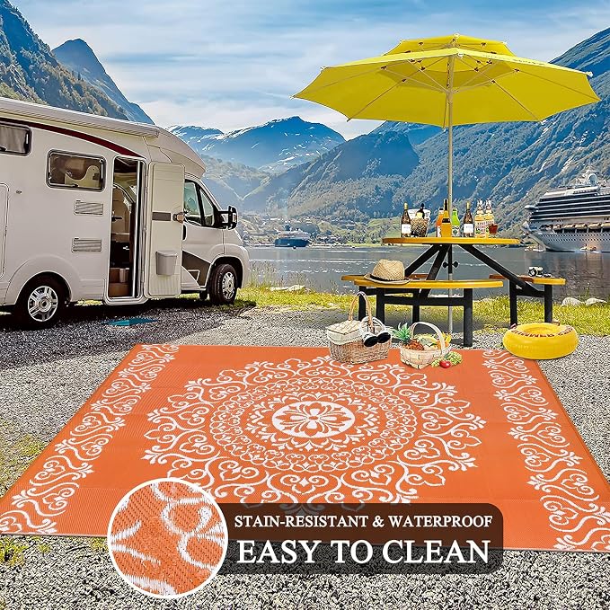 Pauwer Outdoor Rug 8x10, Waterproof Plastic Camping Rug, Floral Orange | Reversible Patio Rug, UV Resistant Indoor Outdoor RV Mat Carpet For Deck, Camper, Porch, Balcony, Backyard, Picnic, Foldable