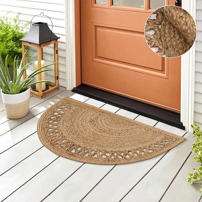 Boho Braided 1.5x3 Area Rug - Jute Natural Fiber Half Circle Rug for Living Room Entryway, Farmhouse, Home, Indoor Rug Jute Door mat for Bathroom, Kitchen (Beige 1.5 X 3 ft)