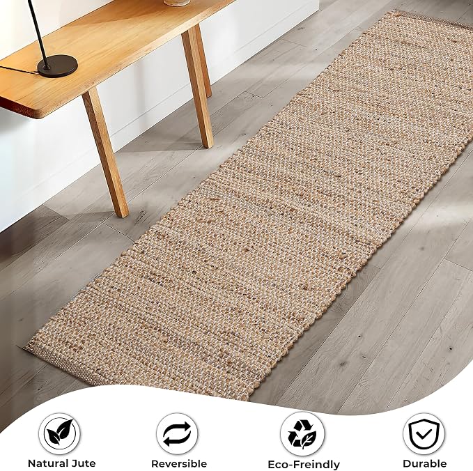 Hausattire Jute Woven Runner Rug 2'x6' - Natural, Hand Braided Boho Reversible Area Rugs for Kitchen, Living Room | Farmhouse Indoor Outdoor Long Mat for Bedroom, Natural Fiber Patio Mats - 24x72 Inch