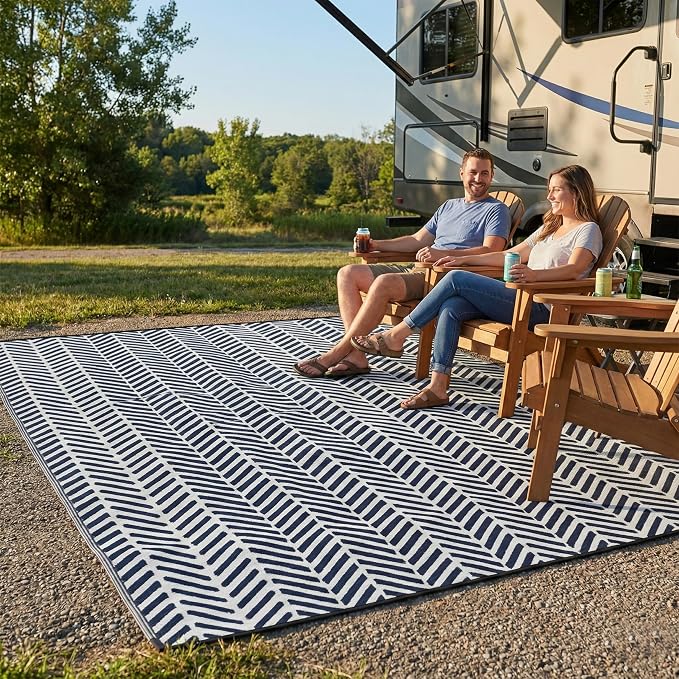 FH Home Outdoor Camping Rug - Waterproof, Fade Resistant, Reversible - Premium Recycled Plastic - Herringbone - Large Patio, Deck, Sunroom, RV - Fresno - Navy - 9 x 12 ft Foldable