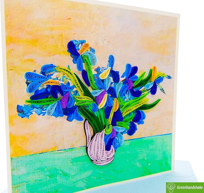 Van Gogh's Irises (1890) Quilling Art Greeting Card,Design Greeting Card for Birthday, Valentine's Day, Get Well, All Occasion. Framable Artwork for Art Lovers