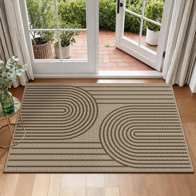 Faux Jute Front Door Mat, 2' x 3' Entryway Porch Rug, Brown Farmhouse Ultra-Thin Washable Non-Slip Mat for Indoor Foyer & Outdoor Patio Decor