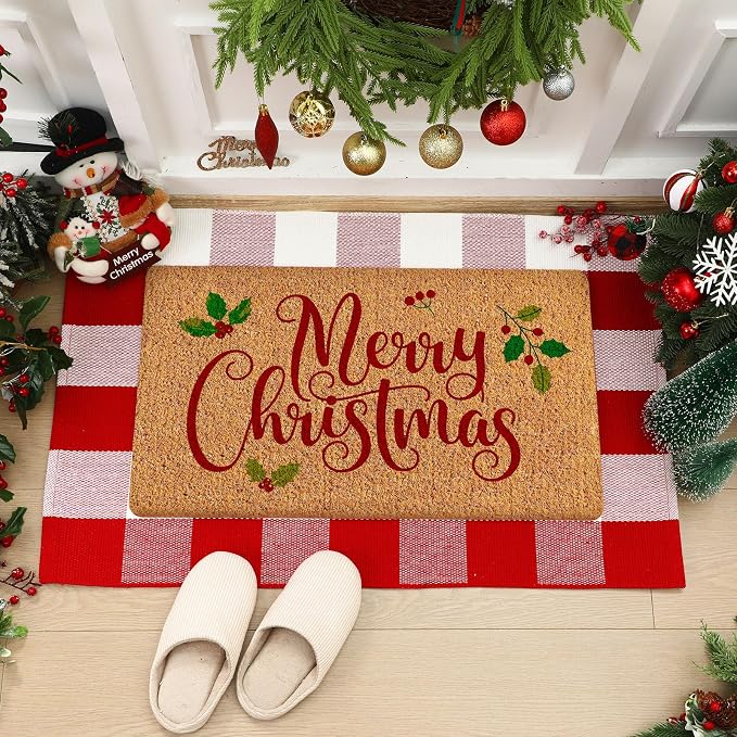 Moucuny 2 Christmas Outdoor Mat, Non Slip | Merry Christmas Welcome Coir Door Outdoor Red White Plaid Rug Front Door Porch Entryway Decor,24'' X 35'',16'' X 28''