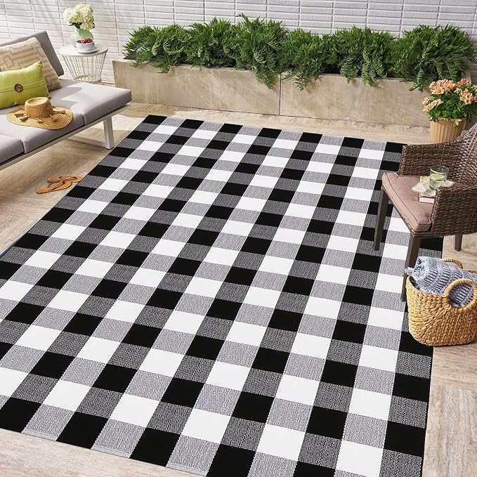 Bottalive Buffalo Plaid Outdoor Rugs, 5'x7' Black and White Checkered Area Rug, Washable Cotton Woven Indoor/Outdoor Rug for Farmhouse/Patio/Front Porch/Living Room/Laundry Room/Bedroom Décor