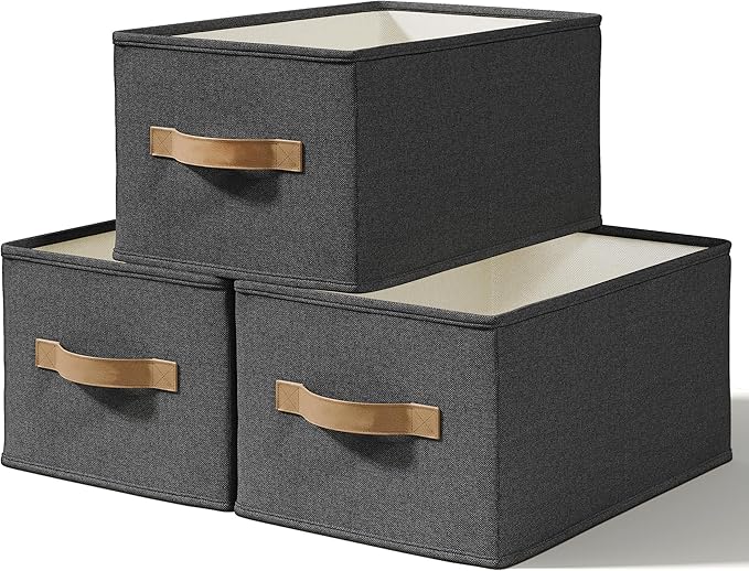 3-Pack Closet Storage Bins, Foldable Fabric Storage Baskets, Black | Thickened Rigid PP Panels, Cotton-linen Shelf Baskets, Measure 16.25"L x 12"W x 10"H for Clothes, Closets and Drawers