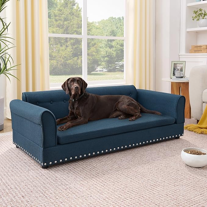 Elevated Dog Sofa for Medium to Large Dogs, Button Tufted Dog Couch Bed with Backrest and Armrests, Durable Memory Foam Pet Bed, Removable Cushion for Medium and Large Dogs, Dark Blue