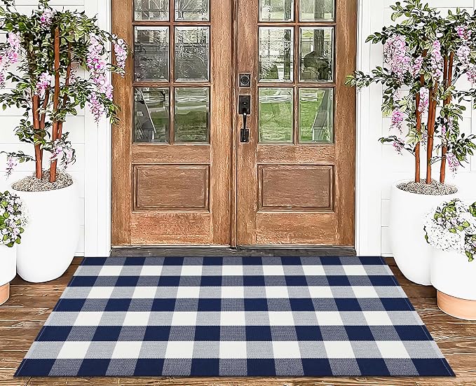 Blue and White Outdoor Rug 3'X 5' Buffalo Plaid Porch Rug Cotton Woven Washable Indoor Outdoor Area Rug for Welcome Door Mat Front Porch Entryway Bedroom Living Room