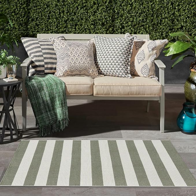LEEVAN Outdoor Patio Rug 3x5, Washable Striped Front Porch Mat, Spring Colorful Outside Entryway Rug, Woven Welcome Doormat Green and White Buffalo Backyard Layered Mat for Entrance/Go Away/Deck