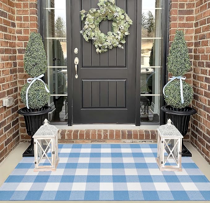 3'x5' Outdoor Rug,Light Blue and White Buffalo Checkered Porch Mat Farmhouse Washable Front Door Mat Outdoor for Hello Welcome Mat,Bedroom,Entryway,Patio