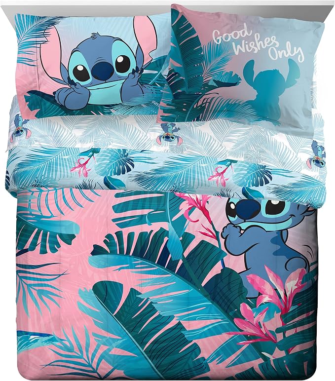 Disney Lilo and Stitch Queen Comforter Set 7 Piece Kids Bedding, Pink | Bed in a Bag, Comforter Sheets Shams Pillowcases, Official Brand, Soft Microfiber, Machine Washable, Girls Gift