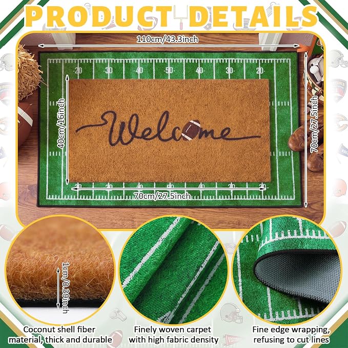 Moucuny 2 Pcs Football Doormat Outdoor, Welcome Coir Football Mat 16 x 28, Layered Green Decor Field Rugs 24 x 35, Non-Slip Sports Front Door Porch Entryway Decor for Man Cave, Game Day, Home Gym
