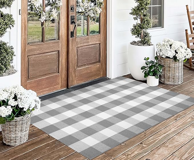 Grey and White Outdoor Rug 3'x 5' Fall Checkered Porch Rug Cotton Woven Washable Layering Door Mats for Welcome Door Mat Porch Entryway Bedroom Living Room
