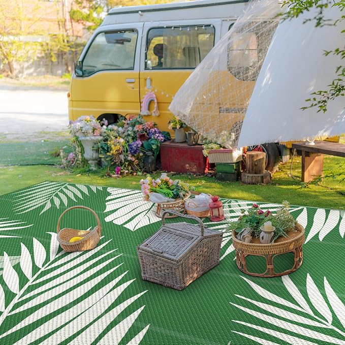 GENIMO Outdoor Rug, Waterproof Plastic Rugs 10'x14' for Camping Dark Green | Outside Larger Leaf Carpet Mat for Porch Decor, Deck, Camping, RV, Backyard, Balcony, Picnic, Beach, Reversible, Foldable