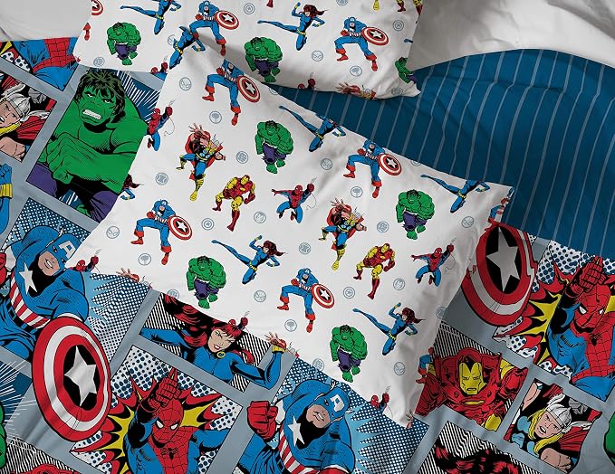 Marvel Comics Iron Man Full Size Comforter Set 5 Piece Kids Bedding, Multi | Hulk Captain America, Bed in a Bag, Comforter Sheets Pillowcases, Soft Microfiber, Machine Washable, Boys Gift