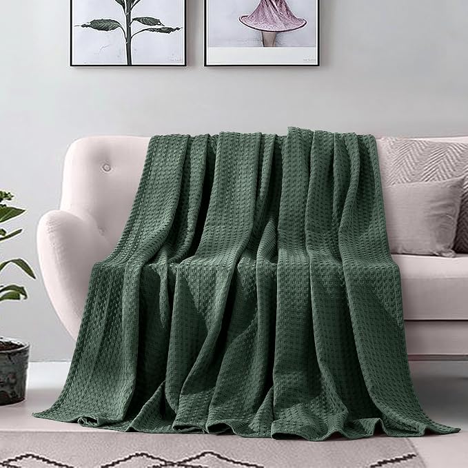 Elegant Comfort Premium 100% Cotton Waffle Blanket - Lightweight Breathable Waffle Weave Bed Blanket - Soft and Warm All Season Blanket for Couch, Sofa and Bed, TwinXL Size 68x90 Inches, Hunter Green