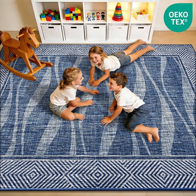 Jute Rug 3x5 Outdoor Patio Rug with Border, Washable Rugs for Entryway Porch, Farmhouse Non Slip Area Rugs with Rubber Backing, Non Shedding Carpet for Indoor Outdoor Bedroom, Courtyard, Blue
