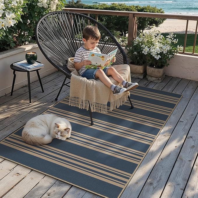 PureCozy Striped Easy Jute Rug 4x6 Blue Entryway Carpet Washable Non Slip Office Door Mat Farmhouse Neutral Non Shedding Small Indoor Outdoor Rug for Bathroom Kitchen Bedroom Living Room