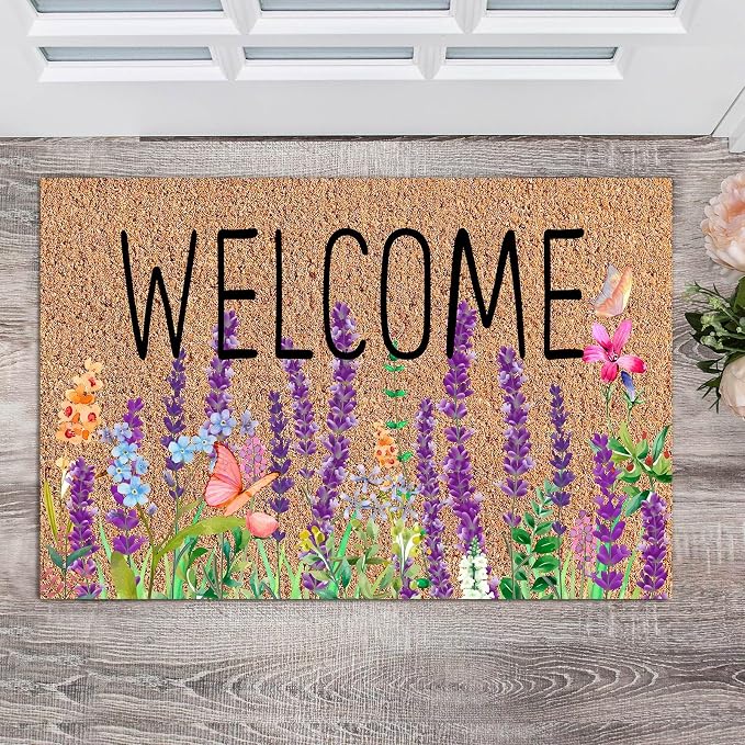 Ceenna Spring Doormat Outdoor Lavender Butterfly Flower Welcome Coir Doormat Spring Front Door Mat with Non Slip Backing Purple Flower Outside Mat Front Porch Rugs for Home Entrance, 16 x 28 Inches