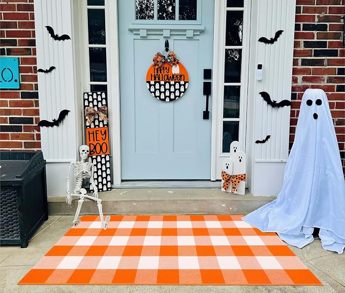 Fall Layered Doormat 27.5 x 43 inch,Orange and White Plaid Rug Cotton Woven Washable Front Door Mat Outdoor Checkered Area Rug for Porch,Entryway,Farmhouse,Halloween,Indoor,Outdoor