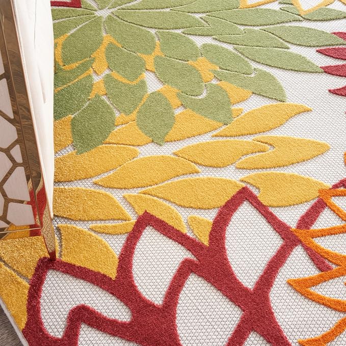 Nourison Home Aloha Indoor/Outdoor Red Multi Colored 7'10" x 10'6" Area Rug, Tropical, Botanical, Easy Cleaning, Non Shedding, Bed Room, Living Room, Dining Room, Deck, Backyard, Patio (8x10)