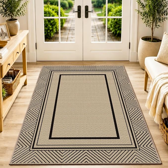 Capslpad Faux Jute 3x5 Area Rug, Geometry Line Patio Rug, Washable Front Porch Rug, Farmhouse Non-Slip Entryway Rugs for Indoor Outdoor, Black