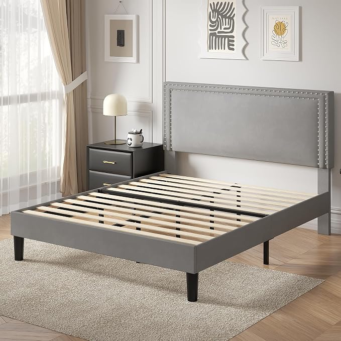 VECELO Queen Size Platform Bed Frame with Height Adjustable Upholstered Headboard, Modern Mattress Foundation,Strong Wood Slat Support, No Box Spring Needed, Easy Assembly,Light Grey