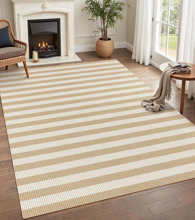 Rugalia Washable Woven 5x7 Area Rug, Natural Beige Striped Cotton Living Room Rugs Low Plie Non-Slip Outdoor Patio Rug, Modern Farmhouse Neutral Floor Carpet for Dining Room Bedroom Balcony