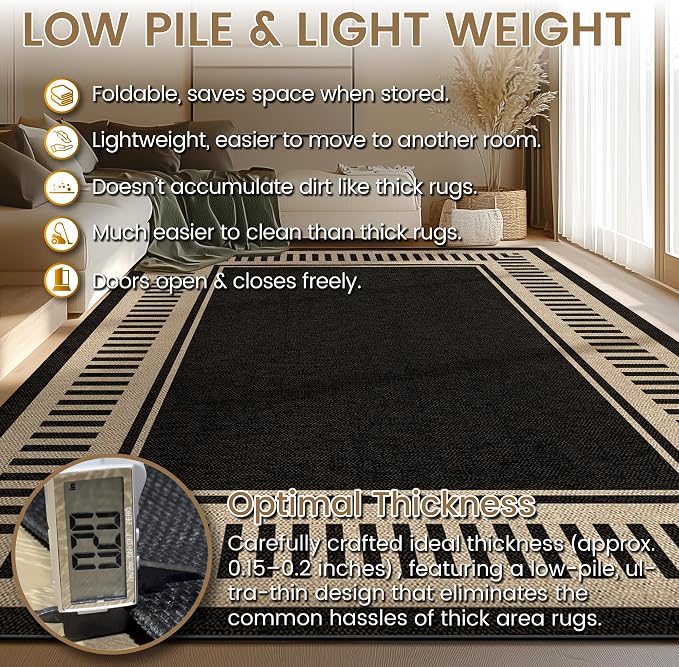 Washable Striped Easy Jute Runner Rug 2x6, Black Modern Geometric Outdoor Indoor Patio Bordered Rug, Woven Non Slip Thin Neutral Long Runner Carpet for Hallway Kitchen Entryway Porch Farmhouse