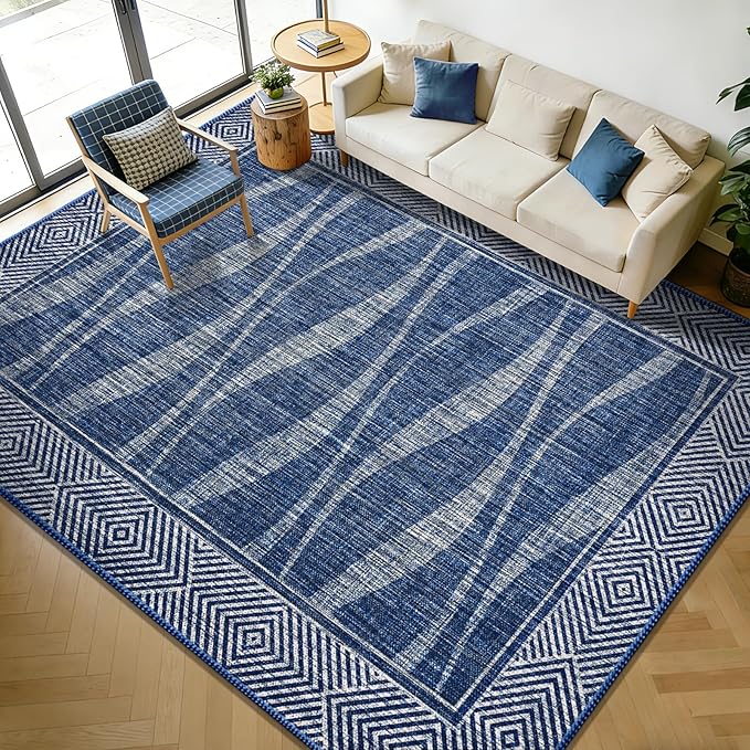 Jute Rug 8x10 Outdoor Patio Rug with Border, Washable Rugs Farmhouse Non Slip Living Room Rugs with Rubber Backing Indoor Outdoor, Non Shedding Carpet for Bedroom, Courtyard, Blue