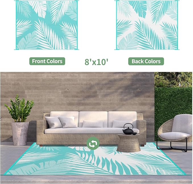 GENIMO Outdoor Rug, Waterproof Plastic Rugs for Patio, 8'x10' Ocean White | Outside Larger Leaf Carpet Mat for Porch Decor, Deck, Balcony, Camping, RV, Backyard, Picnic, Beach, Reversible, Foldable