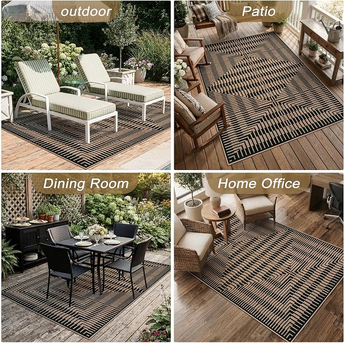 LIVEBOX Easy Jute Patio Rug 5x7, Washable Indoor Outdoor Area Rug Non Slip, Farmhouse Striped Carpet for Living Room, Office, Backyard, Dining Room (Black)