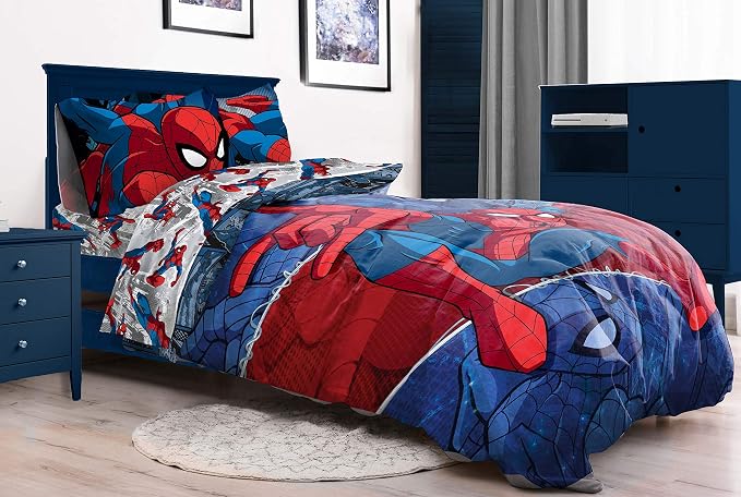 Marvel Spiderman Full Size Comforter Set 5 Piece Kids Bedding, Multi | Bed in a Bag, Comforter Sheets Pillowcases, Official Product, Soft Microfiber, Machine Washable, Easy Care, Boys Gift