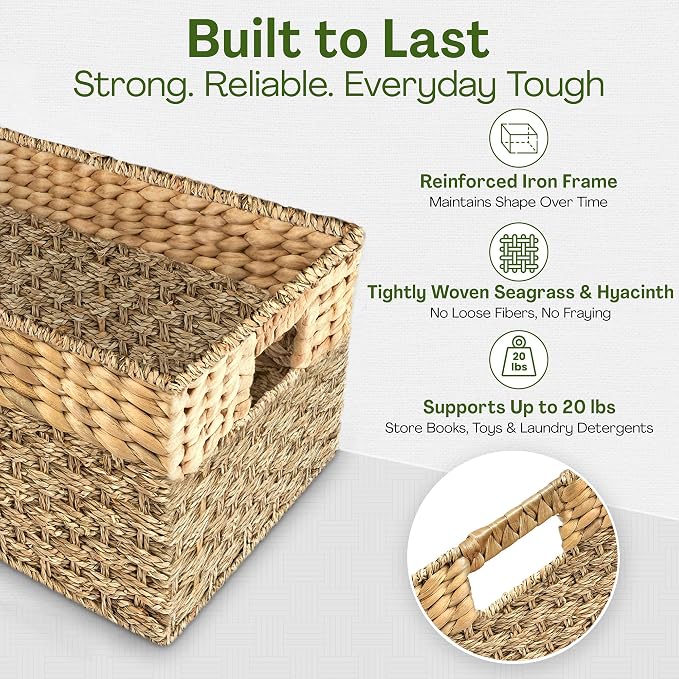 Large Wicker Storage Baskets with Handles, 17 x 11 x 7.5 Inches | Natural Seagrass and Hyacinth, Woven Storage Basket, For Organizing Shelves, Closet, Pantry, Living Room