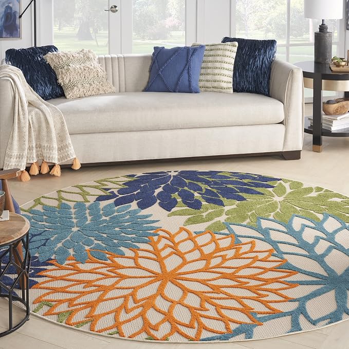 Nourison Home Aloha Indoor/Outdoor Multicolor 7'10'' x Round Area-Rug, Tropical, Botanical, Easy-Cleaning, Non Shedding, Bed Room, Living Room, Dining Room, Deck, Backyard, Patio (8 Round)
