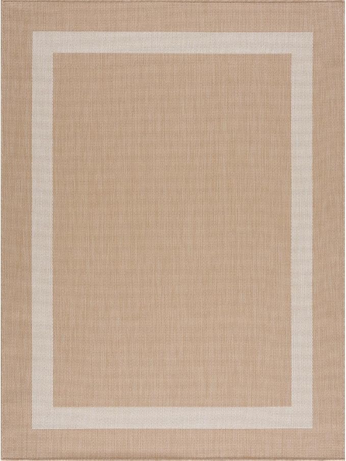 CAMILSON Outdoor Rug 6x9, Modern Outside Rugs for Patios Porches Waterproof Durable Washable Non-Shedding, Easy-to-Clean Indoor Outdoor Area Carpet (6 x 9, Bordered - Beige/White)