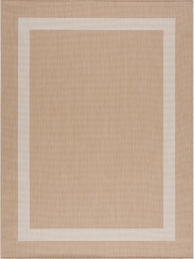 CAMILSON Outdoor Rug 10x14, Large Modern Outside Rugs for Patios Porches Waterproof Durable Washable Non-Shedding, Easy-to-Clean Indoor/Outdoor Area Carpet (10 x 14, Bordered - Beige/White)