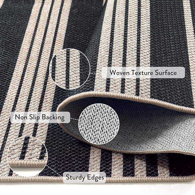Lahome Striped Easy Jute Kitchen Runner Rug, 2x8 Washable Outdoor Rugs | Black Non Slip Indoor Entryway Runners, Modern Farmhouse Neutral Non Shedding Carpet for Hallway Porch Foyer Laundry Room