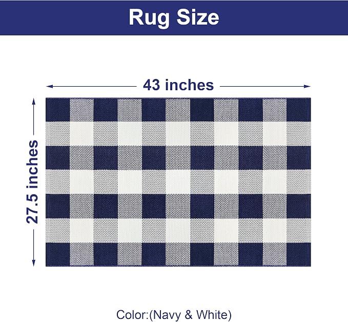 Buffalo Plaid Outdoor Rug 27.5x43 Inches Cotton Woven Navy and White Checkered Doormat Washable Indoor Outdoor Front Porch Carpet for Entryway Farmhouse Decor